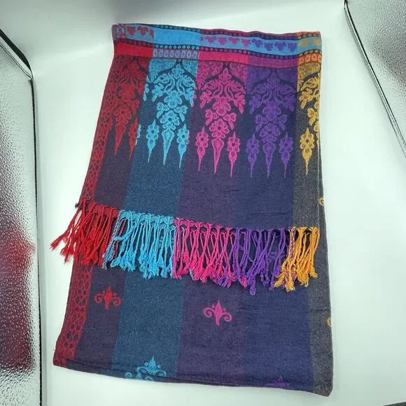 Pashmina Scarf Wrap Shawl 100% Pashmina Multicolor Fringe Boho 68x27 In - Picture 3 of 9